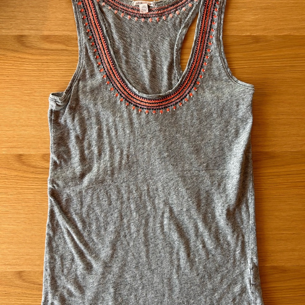 J Crew Sleeveless Gray Tank Top with Coral Bead Trim